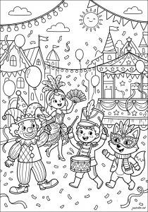 People in costume during a festive parade. A clown, a dancer, a boy with a drum, and a fox with a mask are walking joyfully. There are confetti and balloons around them.