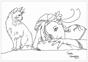 coloring-page-cats-for-children : Woman & cat
