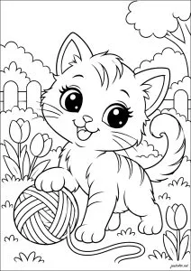Kitten playing with a ball of yarn. A kitten plays with a big ball of yarn in a garden.