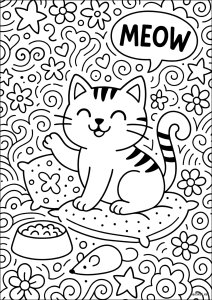 Happy cat among flowers Doodle style