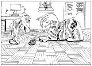 coloring-page-cat-to-color-for-children : Cat and kitten playing