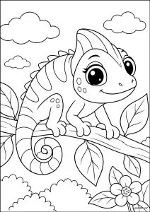 Smiling chameleon on a branch. A smiling chameleon is perched on a branch surrounded by leaves. Clouds are visible in the background.