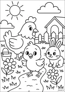 The chick and its friends on the farm. A cheerful chick explores the farm in the company of a protective hen and a curious little rabbit. The trio moves under a sunny sky, surrounded by grass, flowers, and a rustic fence.