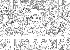 Santa in his workshop with lots of elves