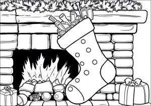 Christmas stocking in front of a fireplace and presents