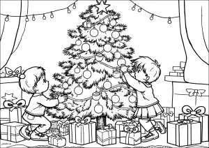 Young children decorating a Christmas tree