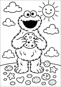 The greedy monster. An adorable character with a broad smile holding a cookie, surrounded by clouds and a smiling sun. The greedy monster