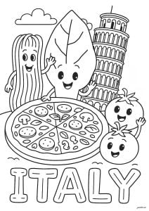 Italy: The Leaning Tower of Pisa and typical Italian foods. Colour in this lovely pizza with pasta, tomatoes and basil! Italy: the leaning tower of pisa and typical italian foods