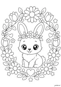 Cute rabbit surrounded by flowers