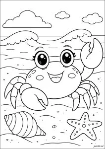 Smiling crab on the beach. A smiling crab stands on the sand with a starfish and a seashell next to it. Behind, waves and clouds can be seen.