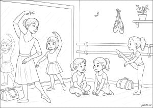 The ballet studio. A dance teacher demonstrates movements to her pupils, captivating their attention. Children gather around, admiring the demonstration with smiles on their faces. The ballet studio