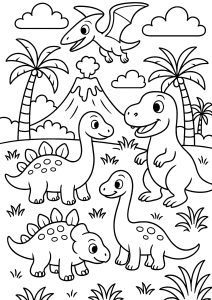 Cartoon style dinosaurs with a volcano
