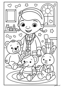Doctor La Peluche with a teddy bear, elephant, and rabbit