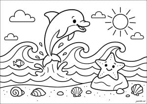 Sauphin jumping out of the water. A playful dolphin leaps out of the waves, while a smiling starfish rests on a rock. Seashells dot the shore under a cloudy sky. Sauphin jumping out of the water