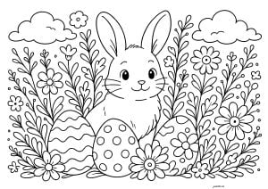 Cute Rabbit Behind Decorated Eggs