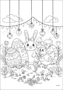 Rabbit And Hen Surrounded By Easter Eggs