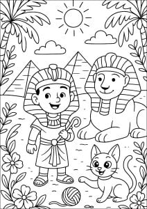 Adventure under the Egyptian sun. A young pharaoh smiles alongside a majestic sphinx and a mischievous cat. In the background, pyramids rise under a sunny sky. Adventure under the egyptian sun