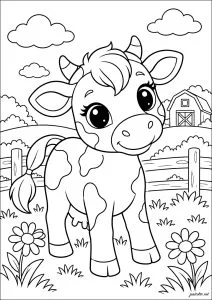 Little calf in front of a farm. A small calf stands in the grass with a barn in the background and two flowers at its feet.