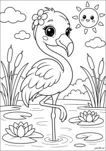 Flamingo in the water with a smiling sun. A flamingo stands in the water with a flower on its head, lily pads around it, and a smiling sun in the sky.