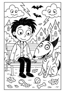 Relaxing in the park. A smiling young boy sits on a bench, accompanied by his dog. All around them, leaves are falling and houses stand in the background under a stormy sky. Relaxing in the park