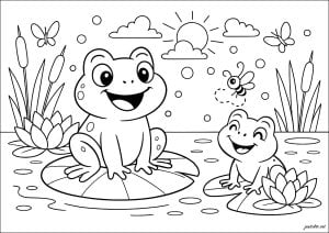 Two frogs on water lilies
