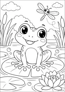 Frog sitting on a water lily. A smiling frog is sitting on a lily pad with a dragonfly flying above it. Reeds can be seen around them.