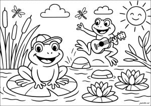 Frogs on the lake. Two amusing frogs, one singing with a guitar while the other enjoys the sun on a water lily leaf. Flying insects and aquatic plants complete the scene. Frogs on the lake