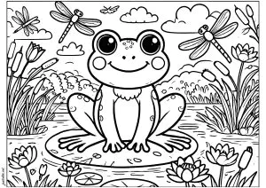 Pretty Little Frog On A Lily Pad With Dragonflies