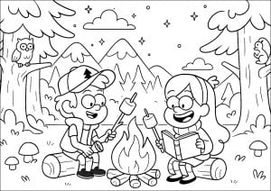Dipper and mabel telling stories around a campfire