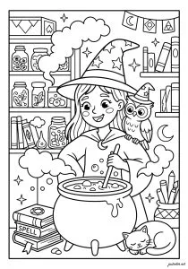 Young witch and her magical cat. A young witch with a pointed hat prepares a potion in her workshop, surrounded by vials and a steaming cauldron. Her magical cat watches with curiosity as she traces a fairy-like symbol in the air.