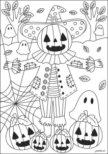 Scarecrow with pumpkins and ghosts