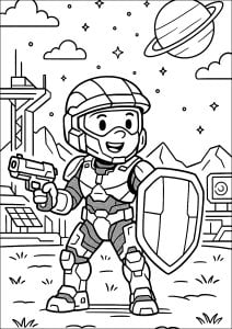 Space adventure for a courageous hero. A young space hero, armed with gun and shield, ready to defend his universe. A coloring page inspired by the Halo universe. Space adventure for a courageous hero