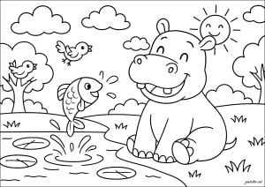 Smiling hippopotamus and little fish