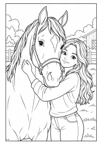 The girl and her horse. A smiling young girl hugs the head of a large horse near a fence and a stable, with trees and clouds in the background, simple lines and clean outlines.