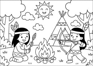 Archery. Two young Indians are playing archery by a campfire, surrounded by trees and a tepee. A smiling sun shines above them. Archery
