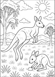 Kangaroos in the wild. A majestic kangaroo leaps energetically across a meadow, while a cub plays with a pebble at its side. Eucalyptus trees and gentle hills form a typical Australian outback backdrop. Kangaroos in the wild