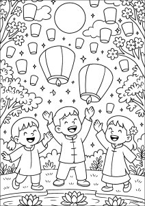 Three children throwing lanterns
