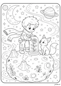 The Little Prince and his rose on asteroid B 612