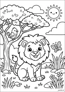 A lion sitting under a tree