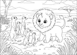 Young Lion In Deep Discussion With Meerkats