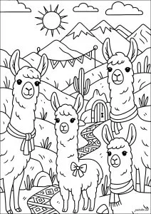Llamas standing in a mountainous landscape. Four lamas with scarves and a knot are standing in front of mountains. There is a decorated path leading to a small door in the hill.
