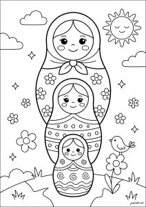 Three Russian nesting dolls with patterns