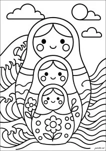 Matryoshkas and the Great Wave. Three stacked Russian dolls display simple folk patterns at the heart of a vertical composition. Stylized waves, a minimalist sun, and a few clouds complete the scene inspired by the famous Japanese woodblock print.
