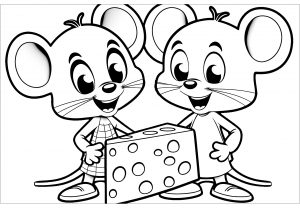 Two mice in front of a big piece of cheese