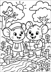 Two mice on a bridge with a map. Two mice are talking on a wooden bridge, one holding a map and the other pointing at something. A bird is on a branch nearby.