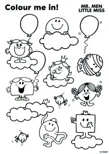 Mr. men and little miss coloring page: in the sky