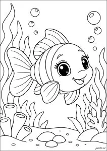 Smiling fish underwater with bubbles. A fish with a big smile swims among the seaweed, bubbles rising around it.