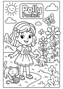 Garden adventure. A smiling little girl explores a garden filled with colorful flowers, mushrooms and a playful cat. Butterflies dance happily around her in the bright sunshine. Garden adventure