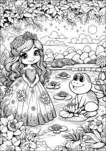Princess and frog at the water's edge