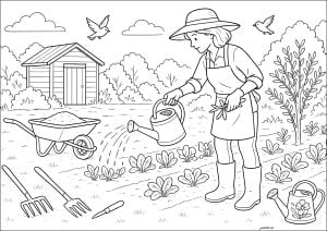 Gardener watering her vegetable garden